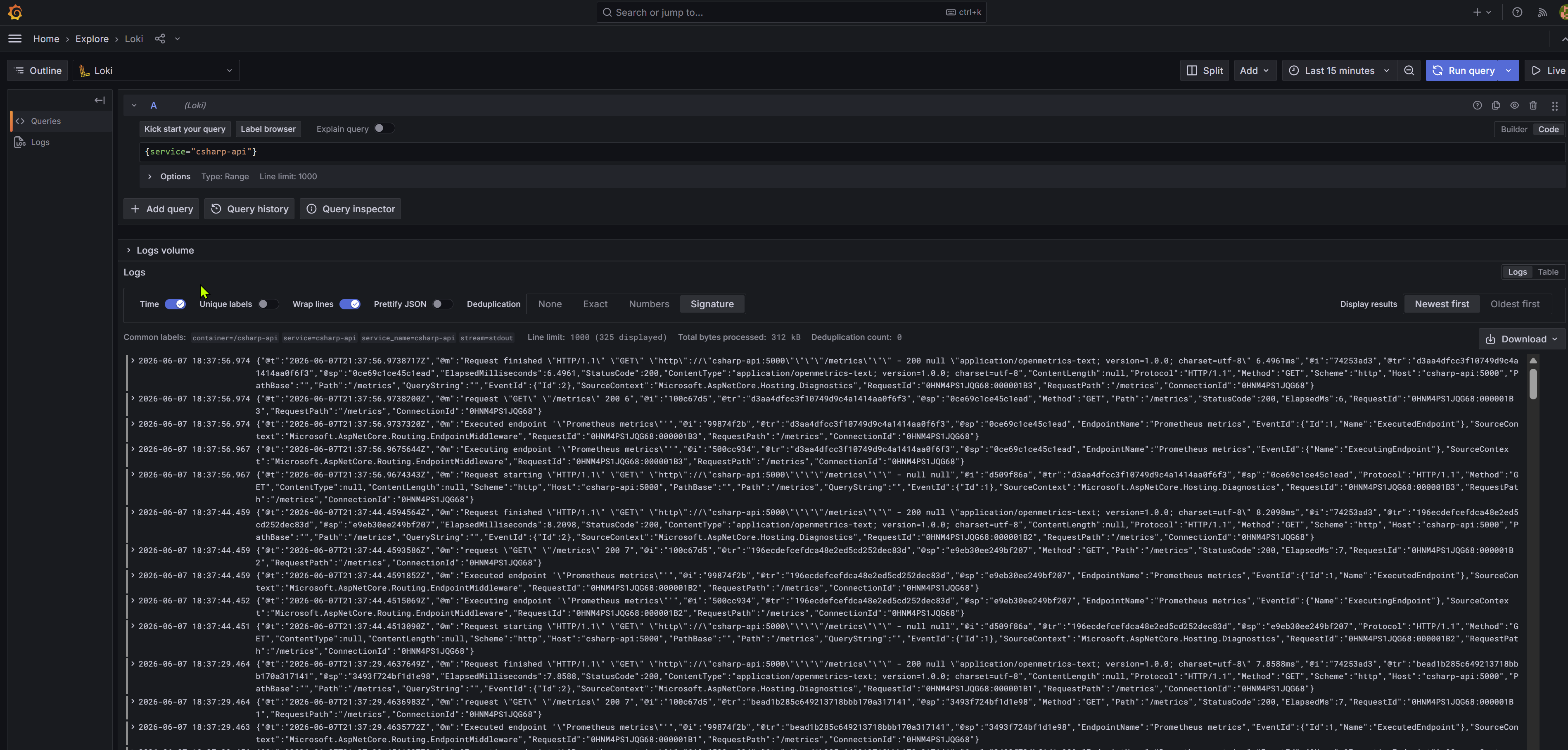 Grafana consultando logs da API C# no Loki