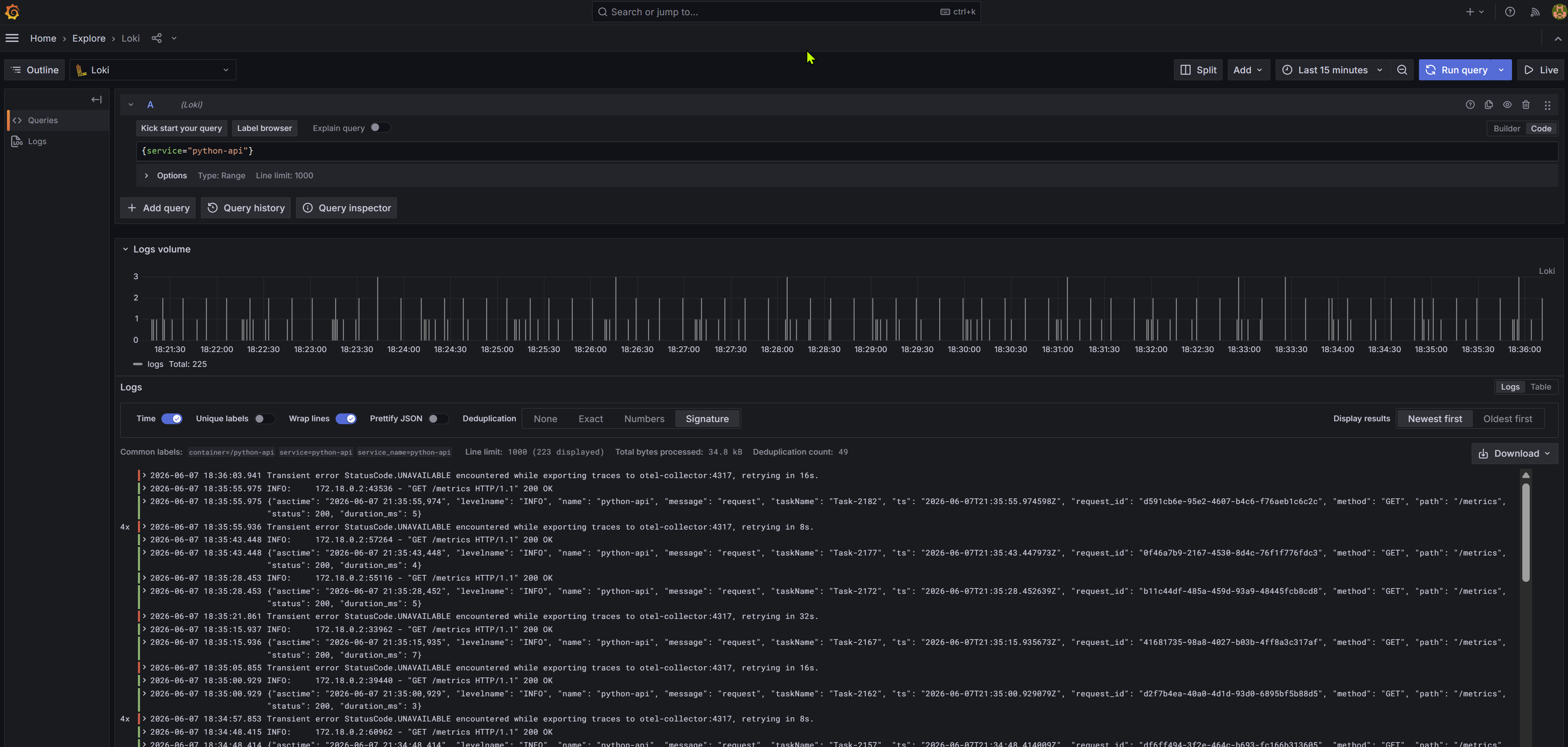 Grafana consultando logs do Core Processor Python no Loki