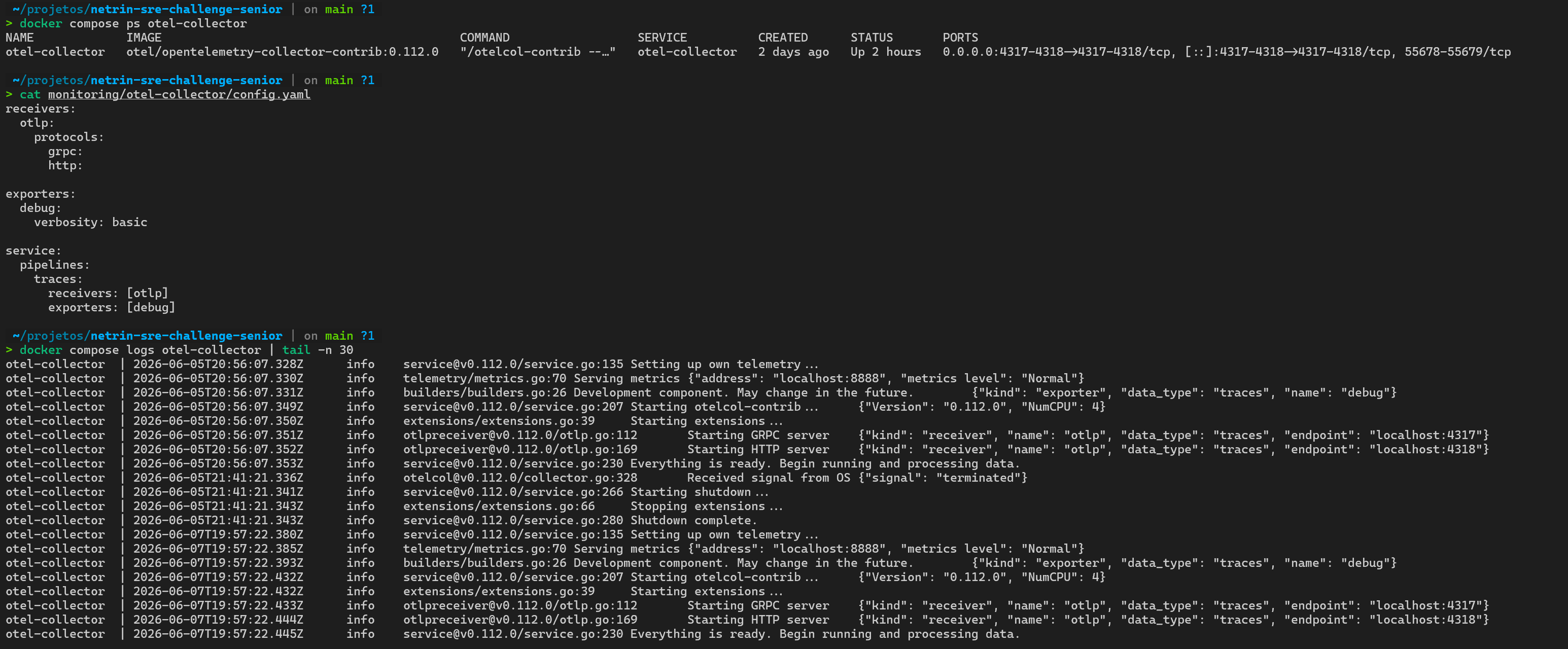 OTel Collector ativo com exporter debug